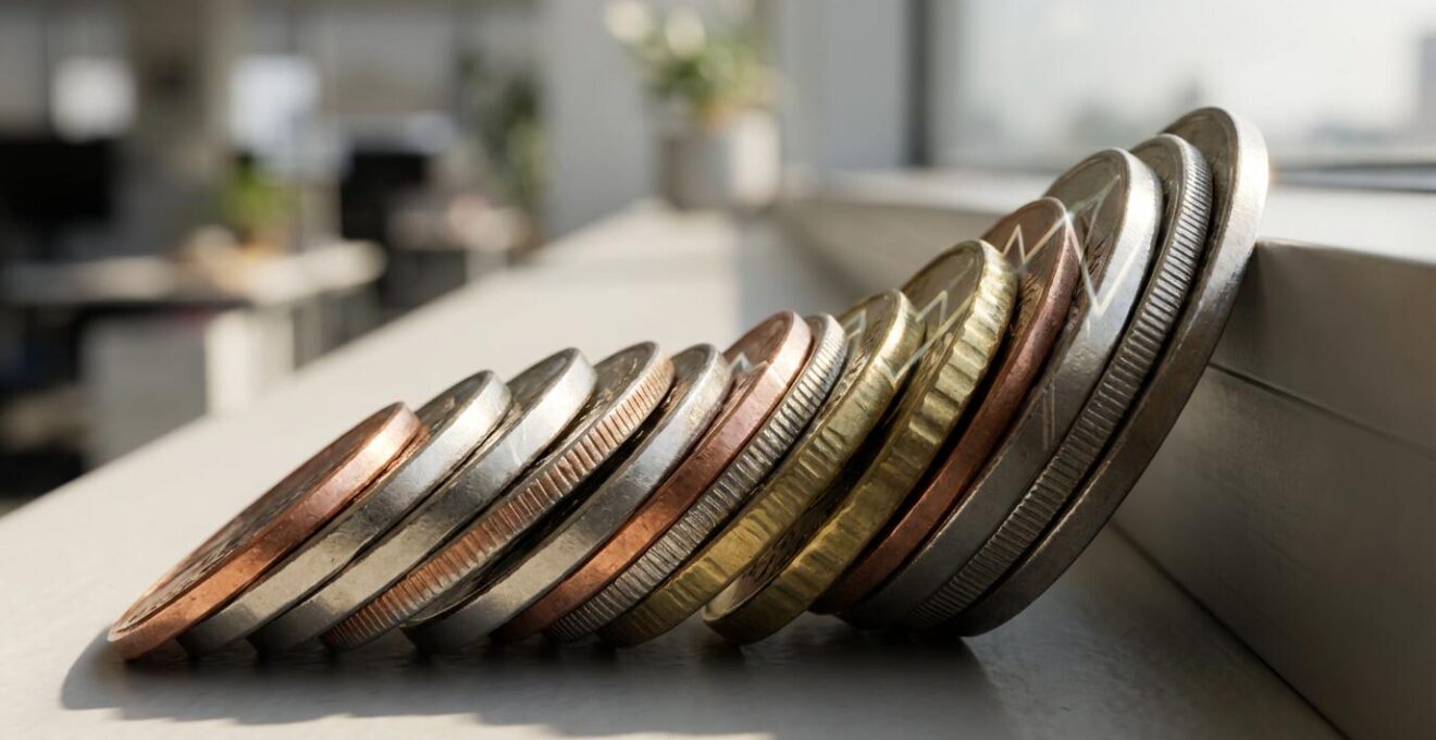 Macro détaillée de pièces empilées avec reflet de courbes de croissance