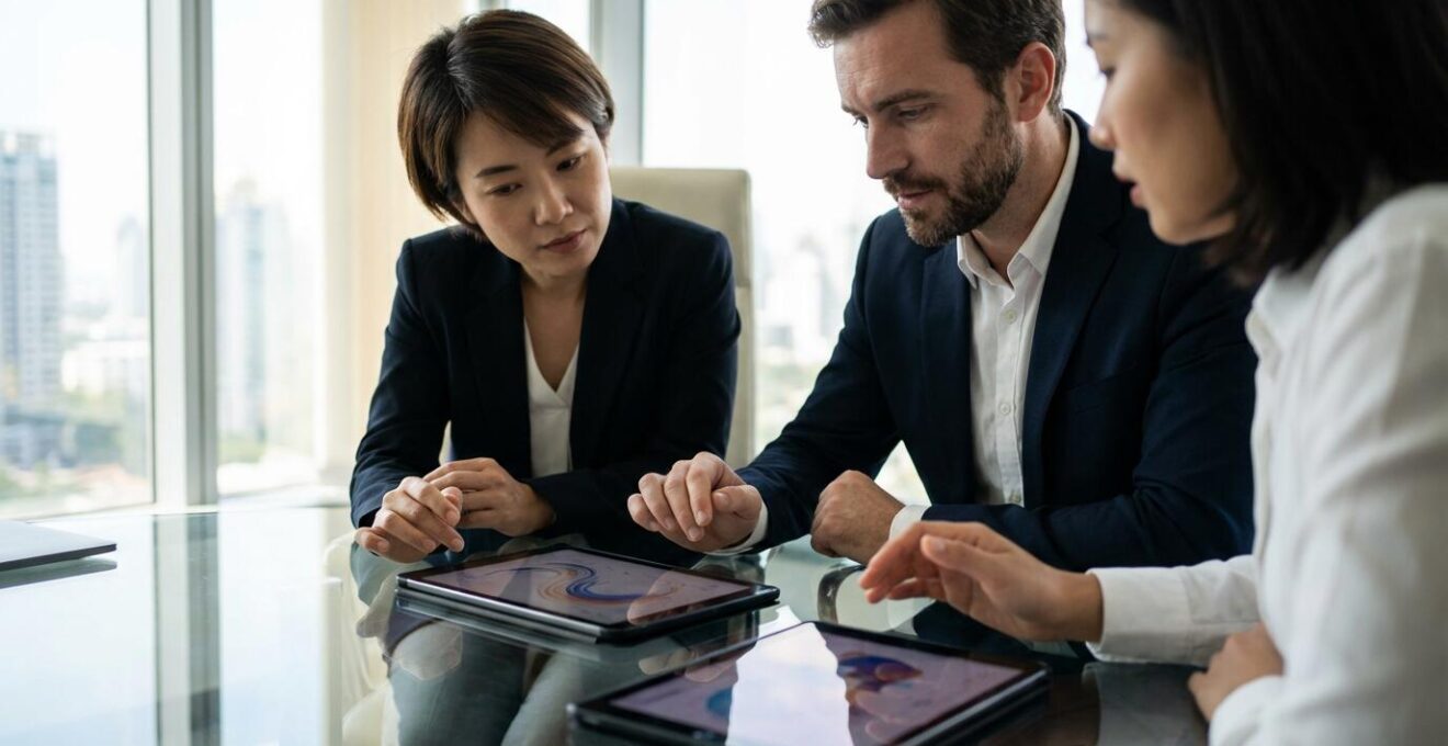 Professionnels analysant des données de marchés asiatiques sur plusieurs écrans dans un bureau moderne