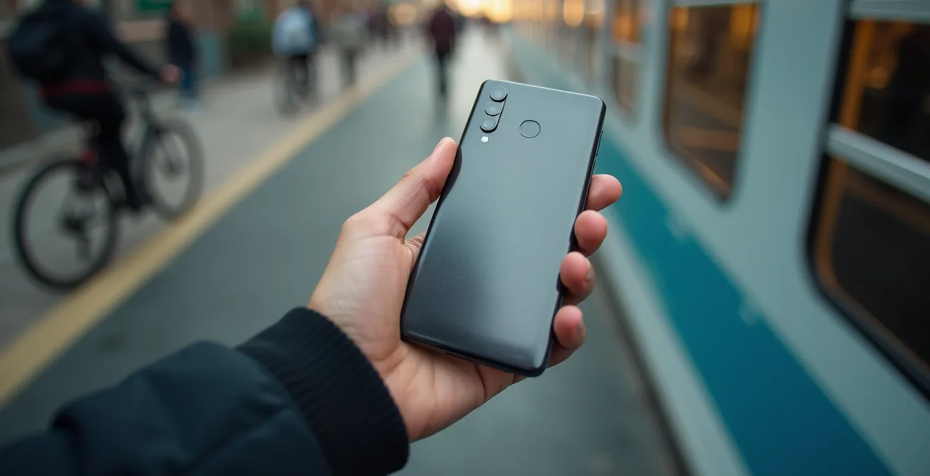 Main tenant un smartphone montrant une interface de mobilité multimodale