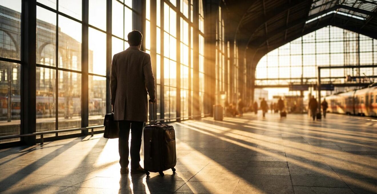 Silhouette d'un voyageur d'affaires dans une gare européenne moderne baignée de lumière dorée