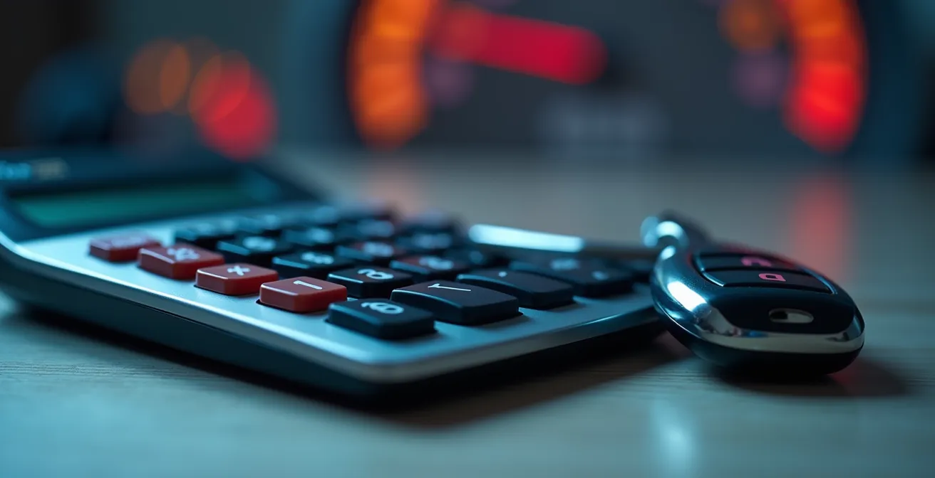 Vue macro d'une calculatrice et d'une clé de voiture sur bureau professionnel