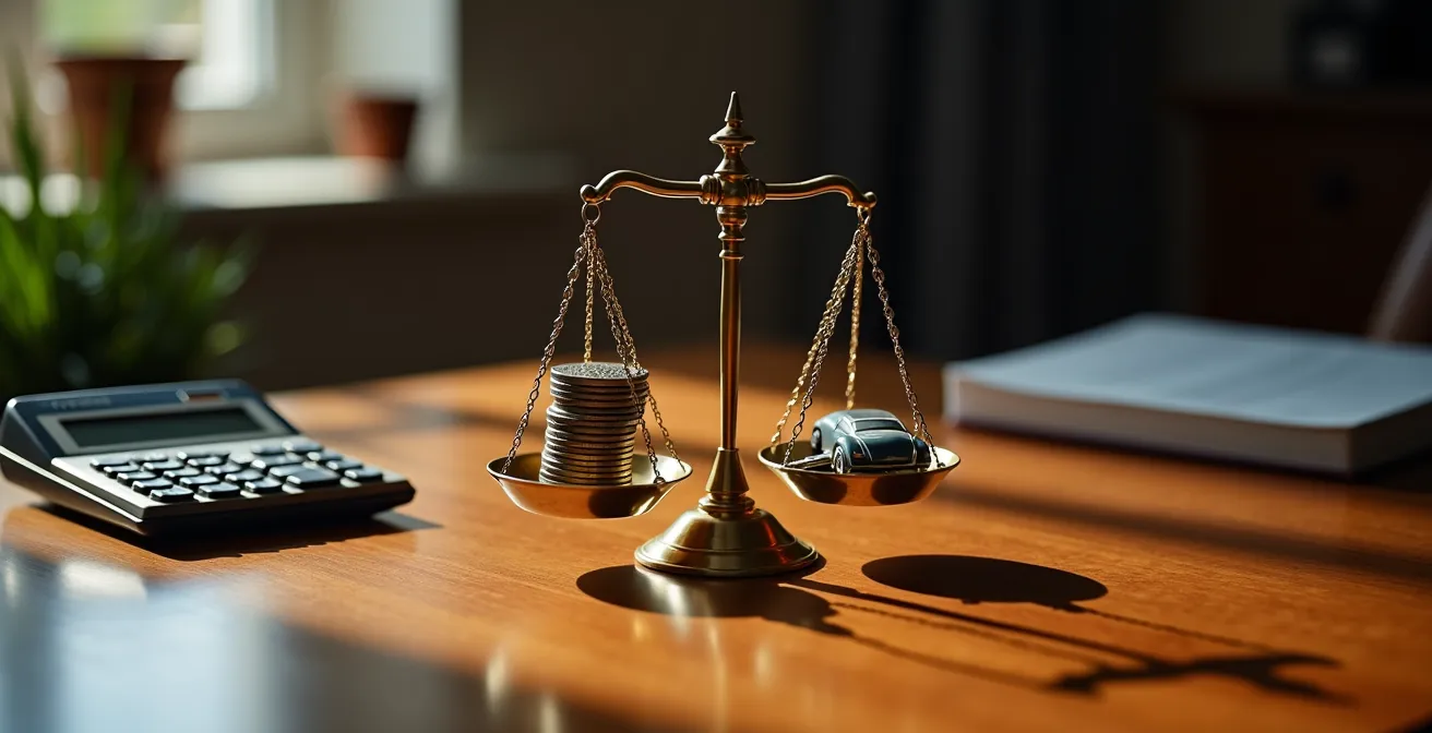 Composition symbolique avec balance équilibrée, clés de voiture et calculatrice vintage sur bureau en bois
