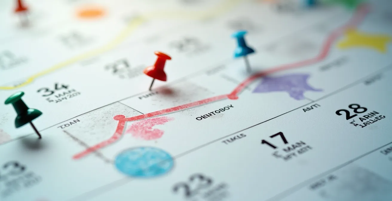 Vue macro d'un calendrier professionnel avec marquages colorés pour événements et réservations
