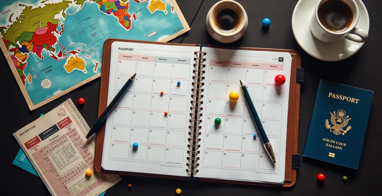 Un calendrier de voyage avec des épingles colorées marquant les jours passés dans différentes villes