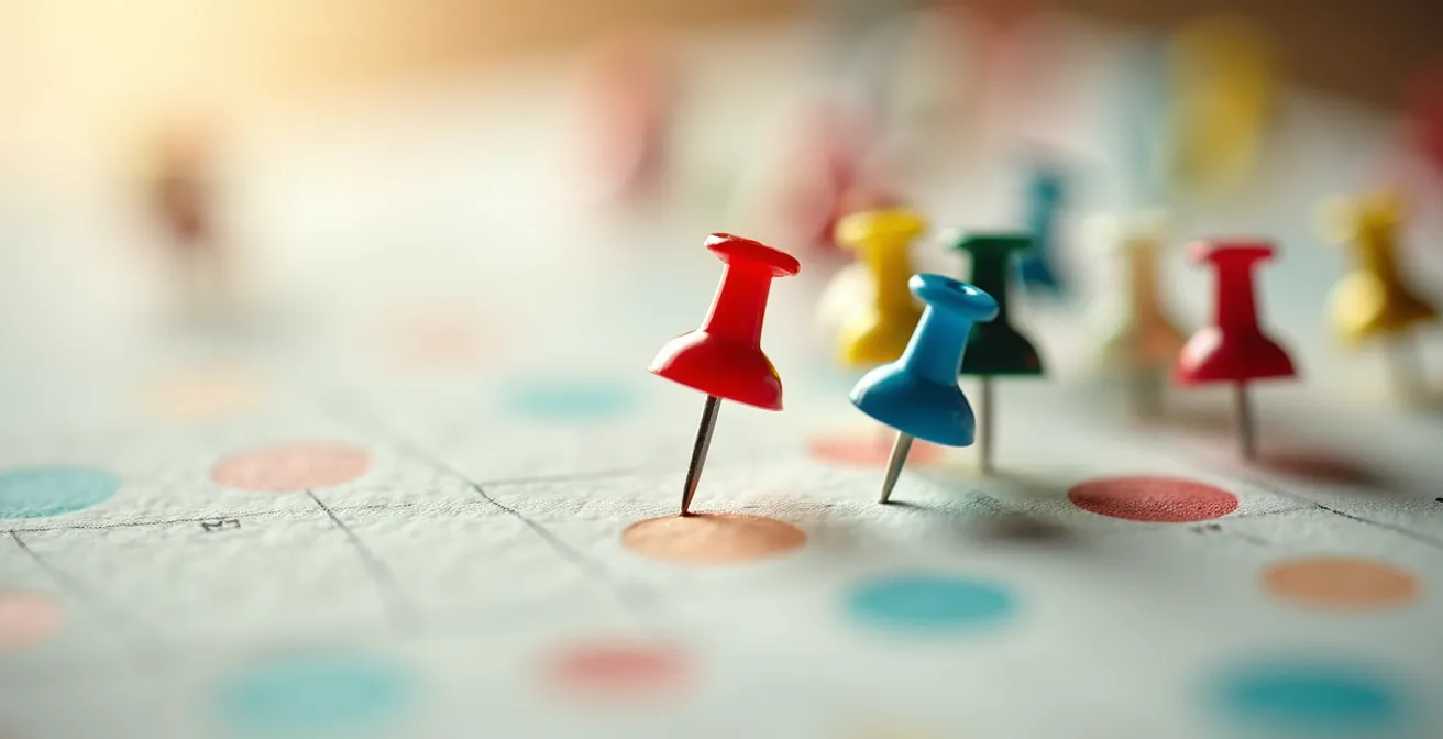 Vue macro d'un calendrier avec épingles marquant les dates importantes