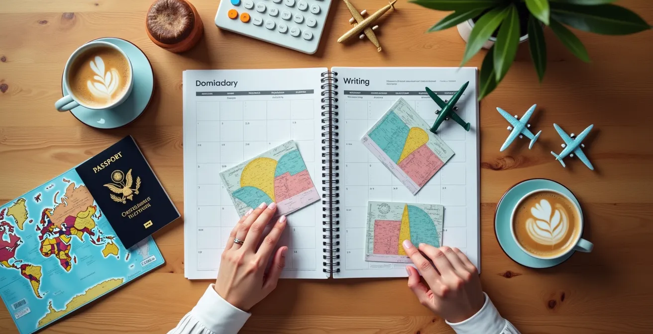 Voyageur consultant un calendrier avec marqueurs de voyage et jours fériés internationaux