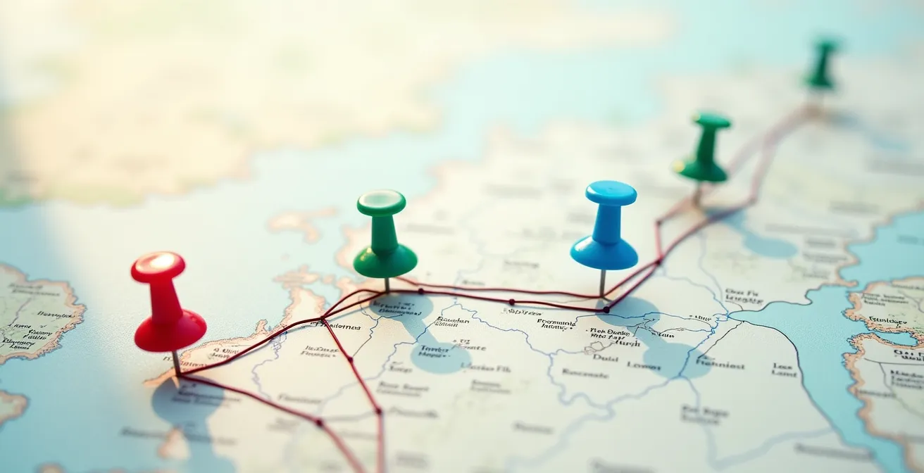 Vue aérienne d'une carte avec des épingles colorées reliées par des lignes optimisées