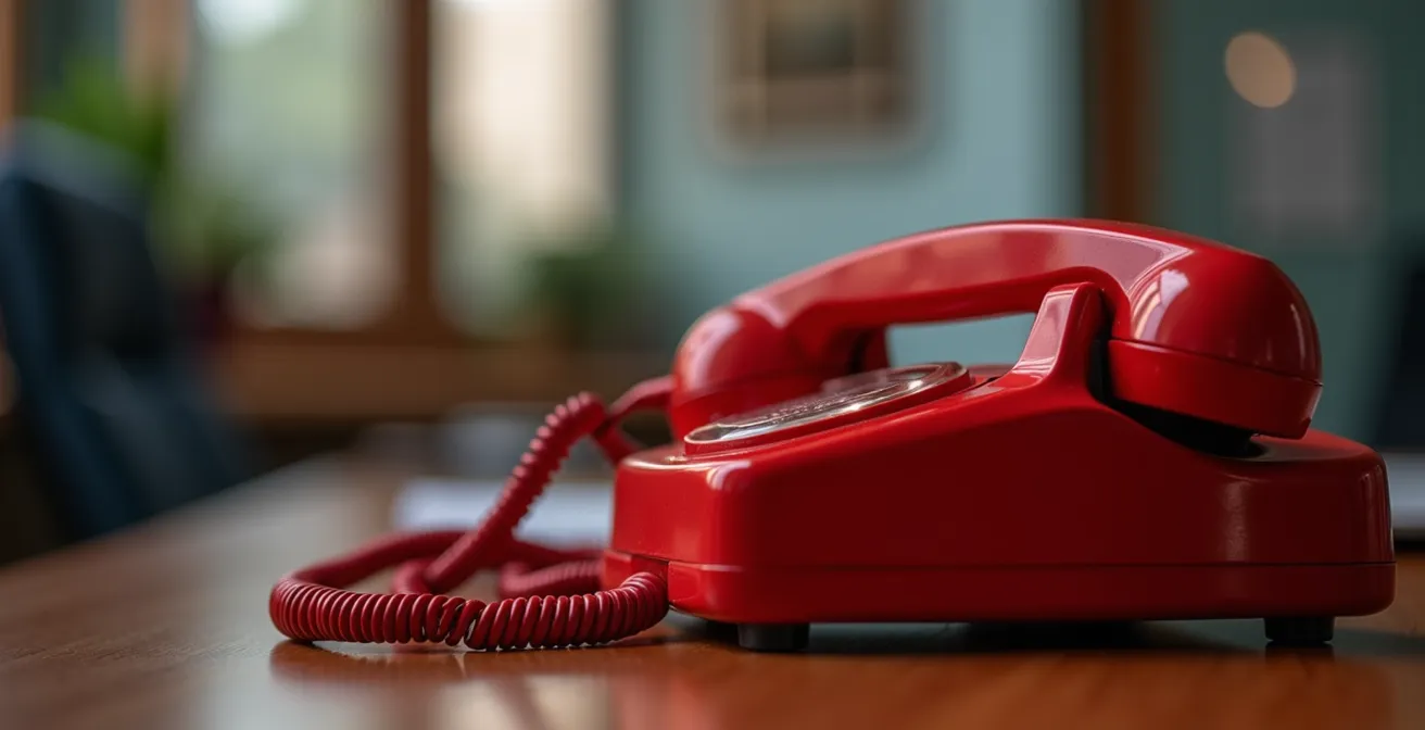 Vue macro d'un téléphone rouge d'urgence sur un bureau avec des éléments flous en arrière-plan