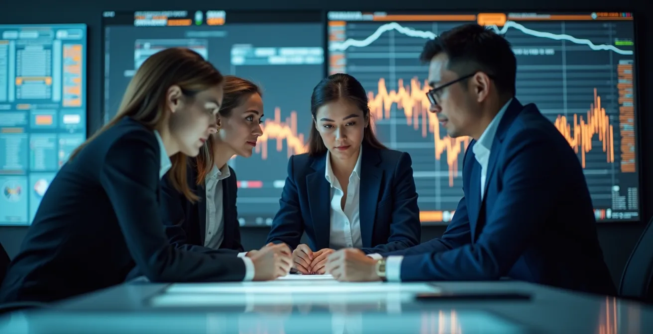 Salle de crise avec équipe de gestion et tableaux de suivi des incidents