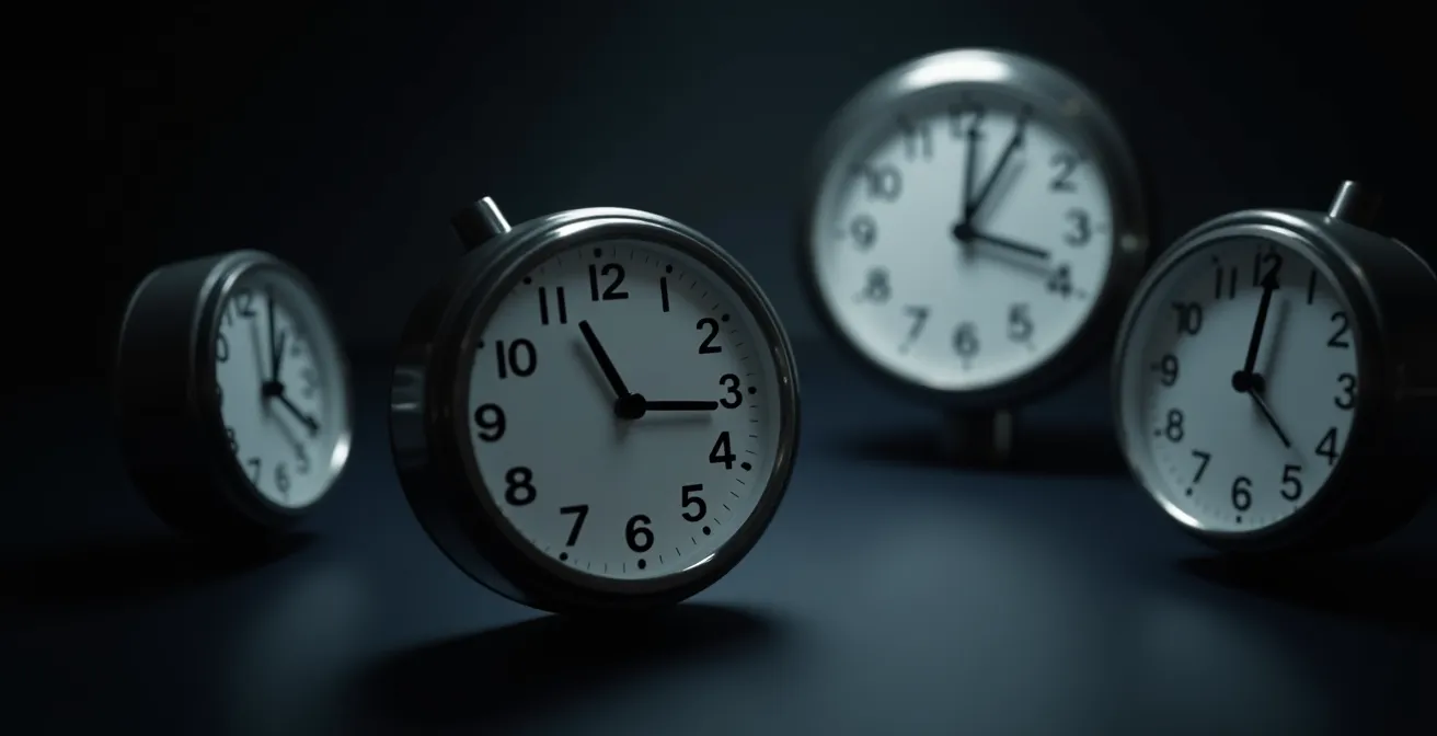 Représentation artistique abstraite de la désynchronisation des rythmes circadiens avec des horloges floues