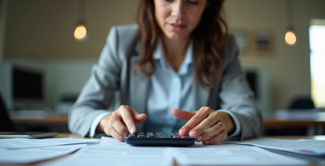 Employé analysant des reçus papier avec calculatrice dans un bureau moderne