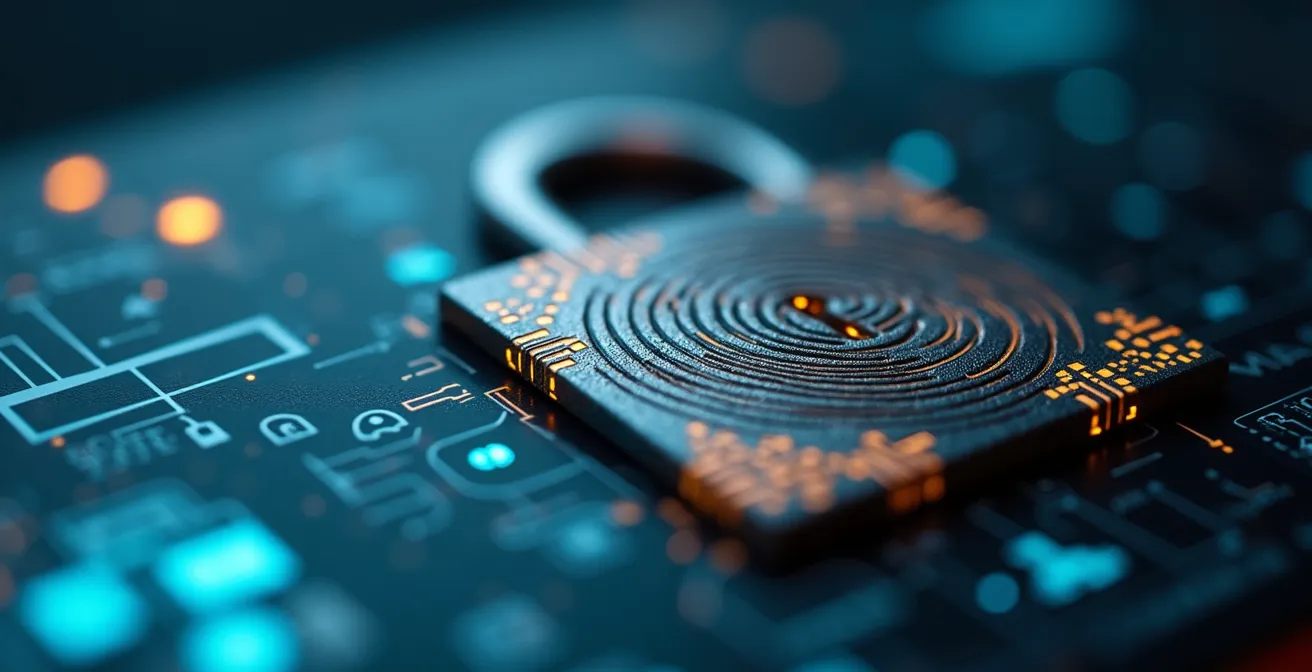 Vue macro d'un système de sécurisation numérique avec éléments cryptographiques abstraits