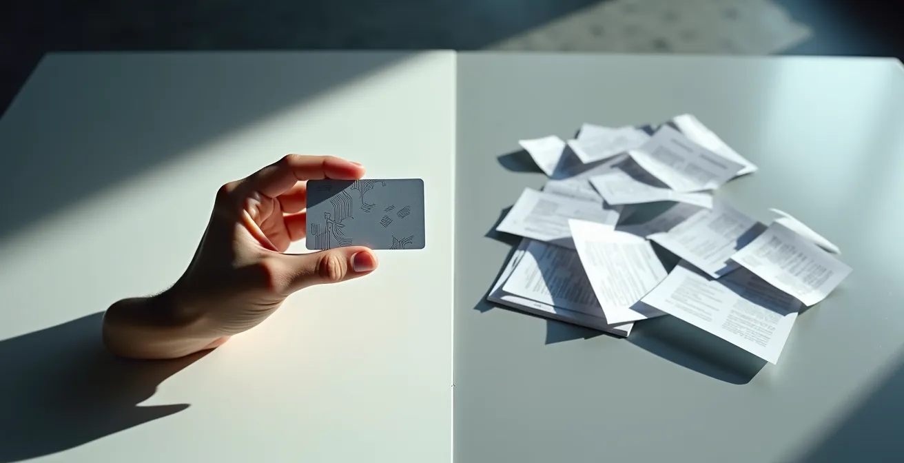 Mains professionnelles comparant une carte bancaire moderne et des reçus papier sur un bureau épuré