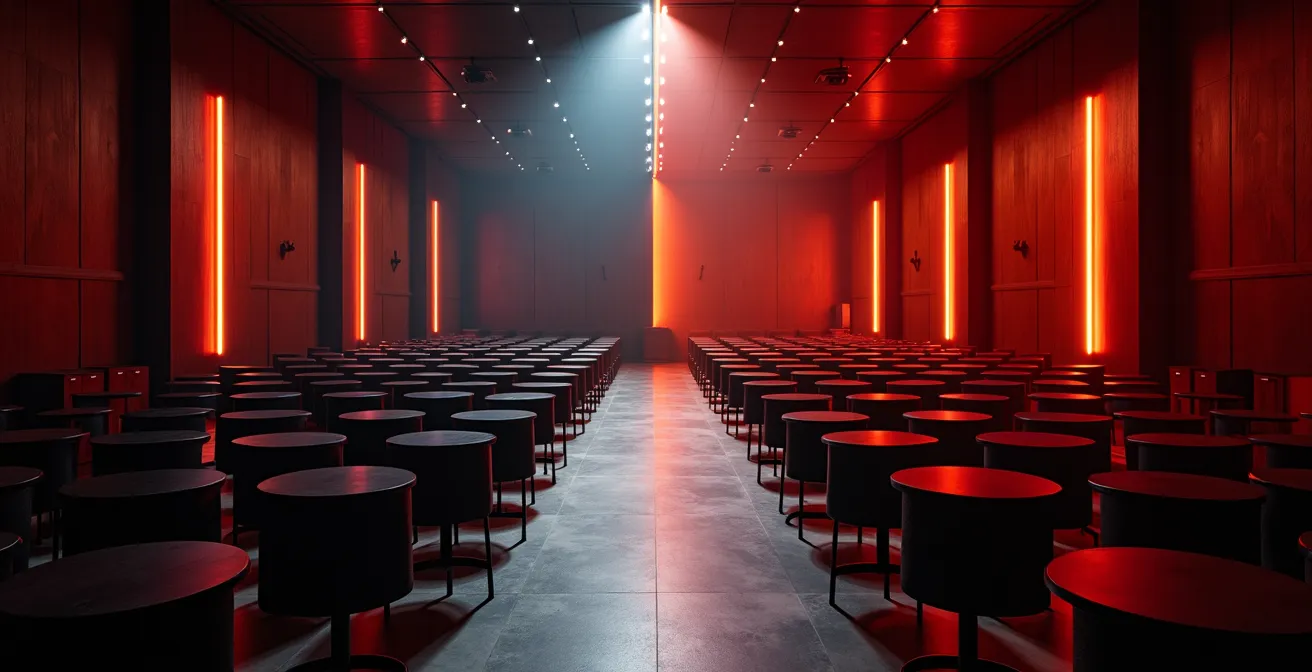 Vue aérienne montrant deux configurations de salle côte à côte, l'une en théâtre et l'autre en cabaret.