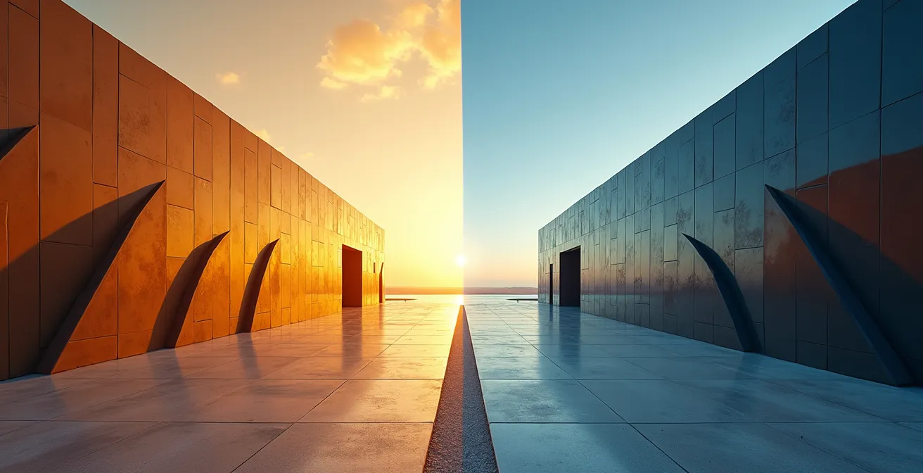 Composition split-screen montrant deux environnements de travail tech contrastés avec architecture moderne