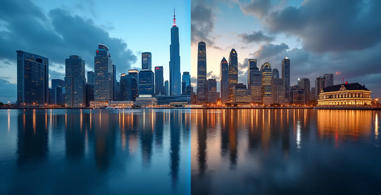 Skyline moderne avec architecture futuriste représentant un centre financier asiatique