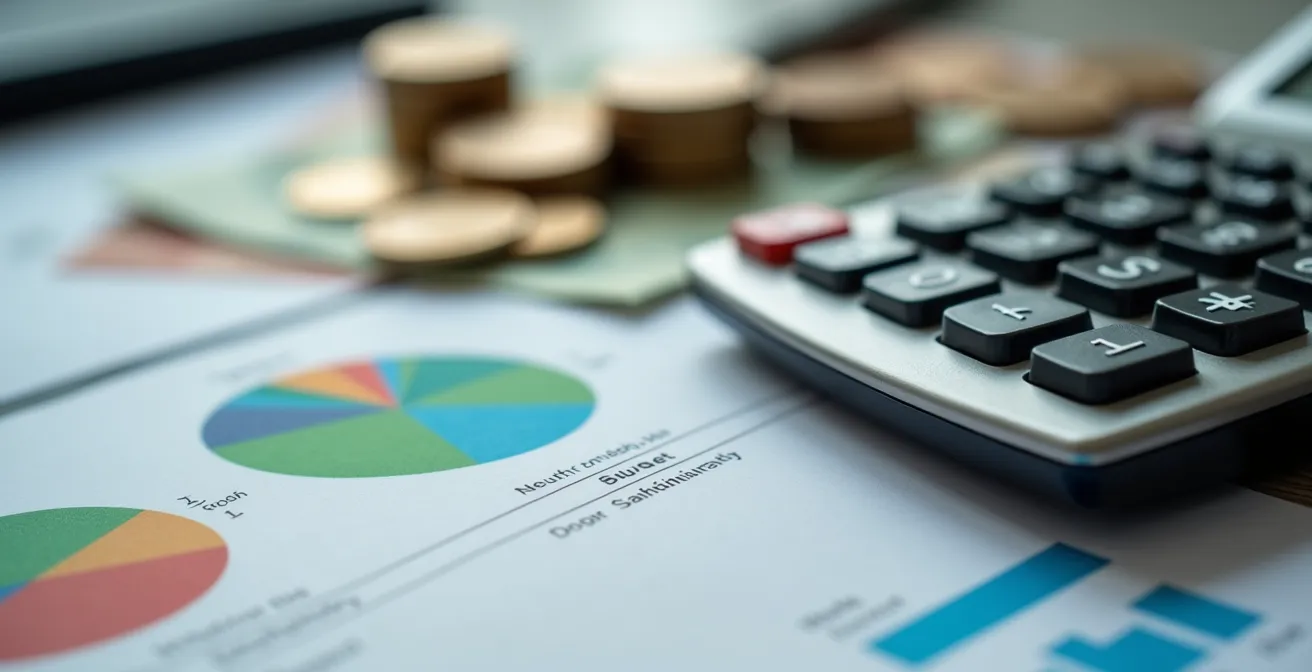 Vue macro détaillée d'un budget security planning avec calculatrice et graphiques flous