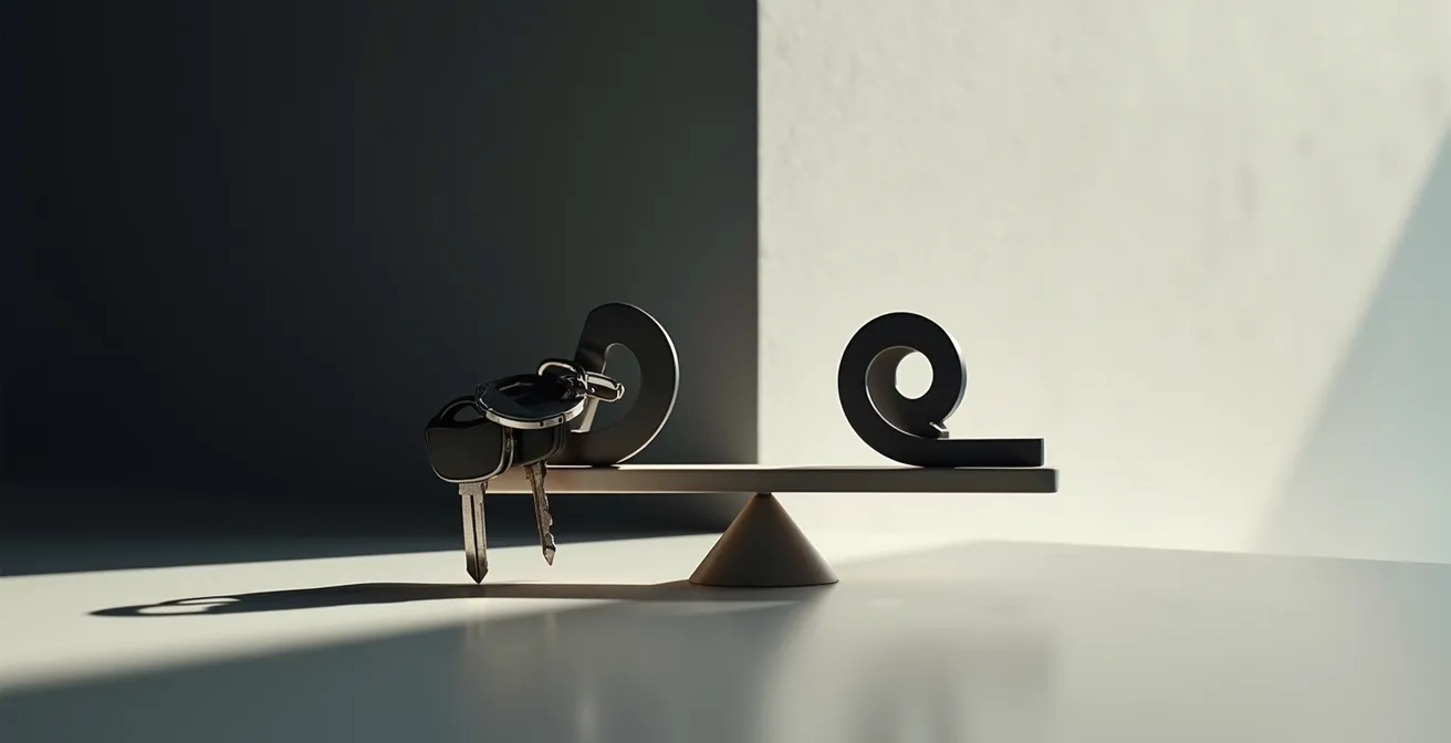 Composition symbolique avec clés de voiture et compteur kilométrique illustrant le choix entre taxi et location