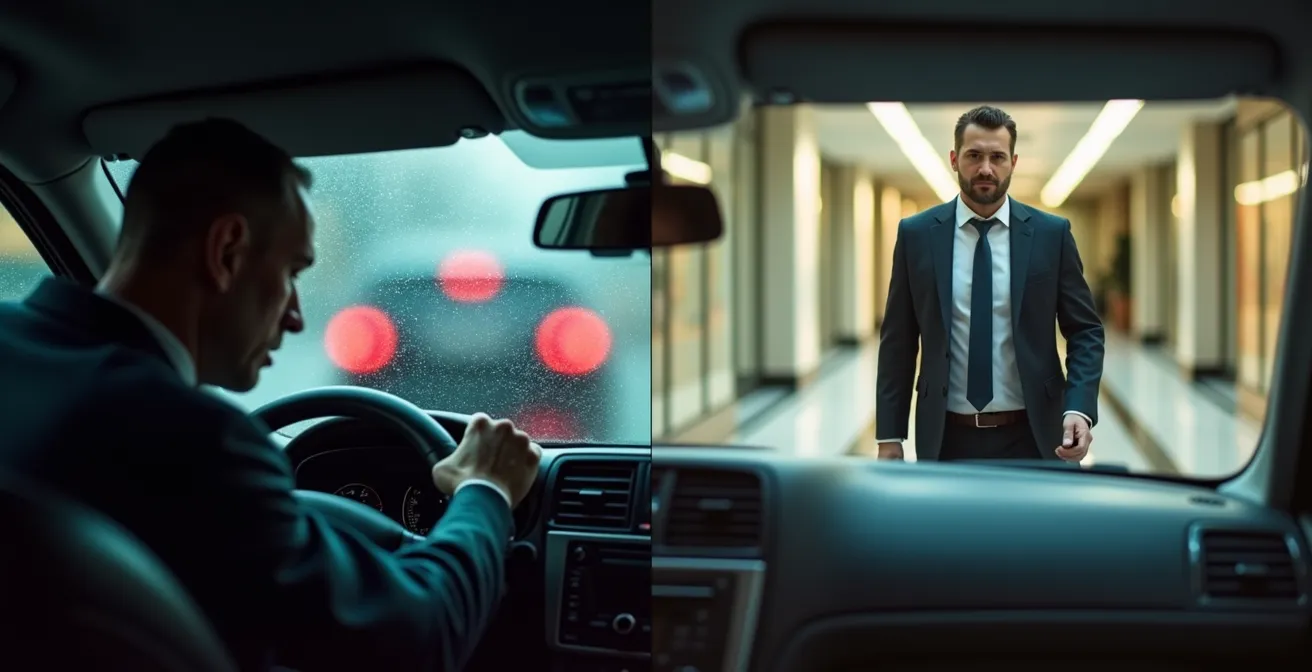 Composition en diptyque montrant un homme d'affaires stressé dans un taxi bloqué versus un autre marchant sereinement dans un hall d'hôtel