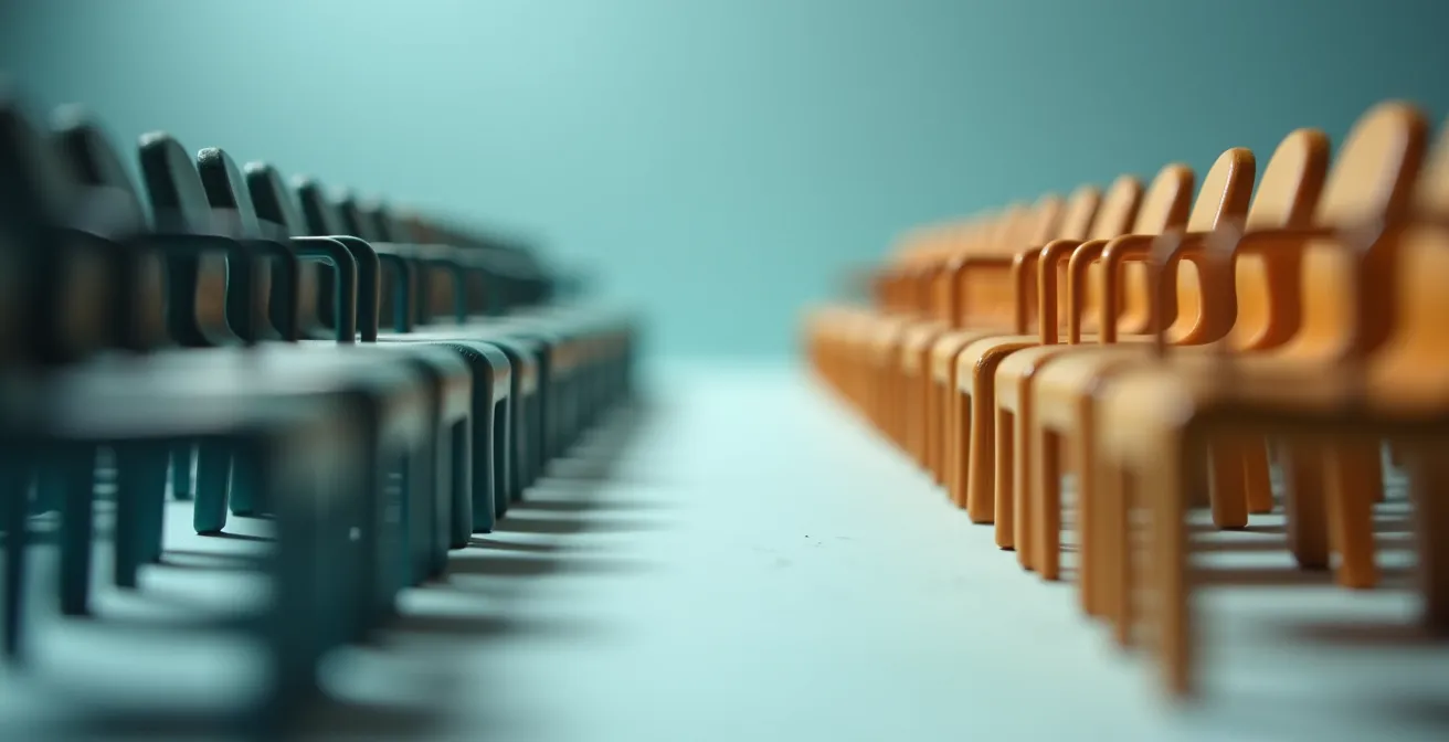 Vue macro d'une configuration de chaises miniatures en formation chevron