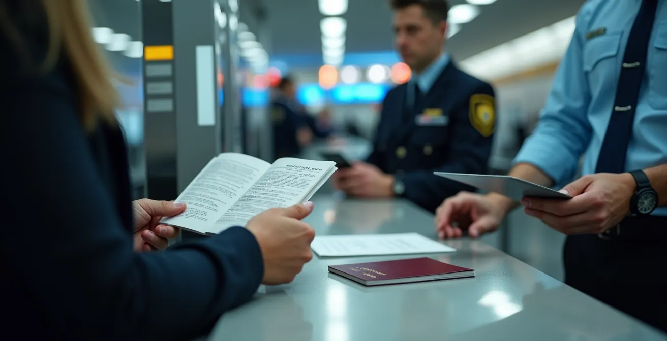 Agent d'immigration examinant des documents de voyage dans un environnement aéroportuaire