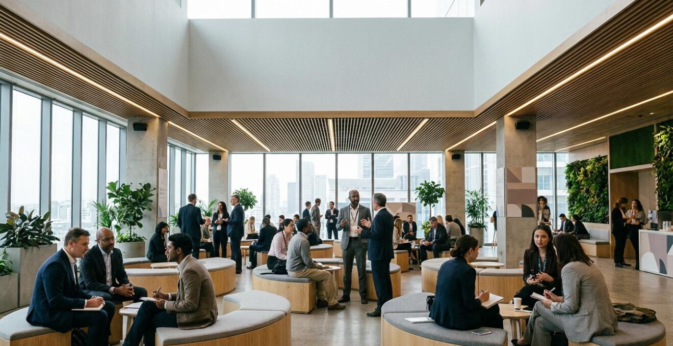 Professionnels engagés lors d'une convention d'entreprise moderne et interactive