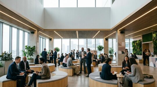 Professionnels engagés lors d'une convention d'entreprise moderne et interactive