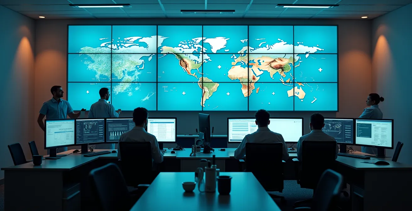 Vue aérienne d'un centre de coordination d'urgence avec équipes médicales et consulaires