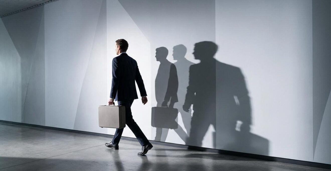 Silhouette de voyageur d'affaires dans un hall d'aéroport avec ombres multiples suggérant les coûts cachés