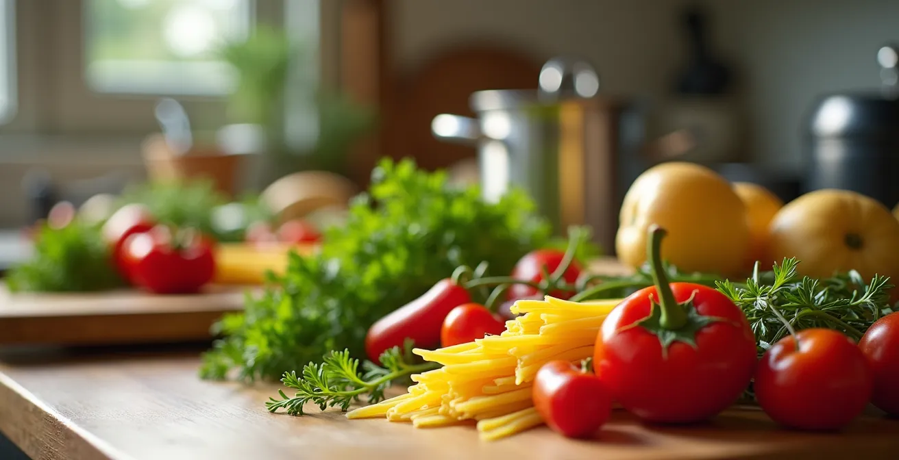 Cuisine équipée d'un appart'hôtel avec ingrédients frais et ustensiles professionnels