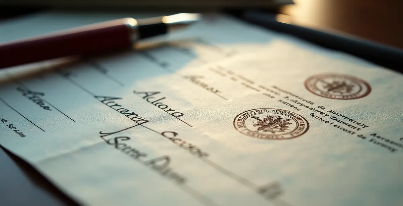 Gros plan sur des documents de voyage d'urgence posés sur un bureau consulaire