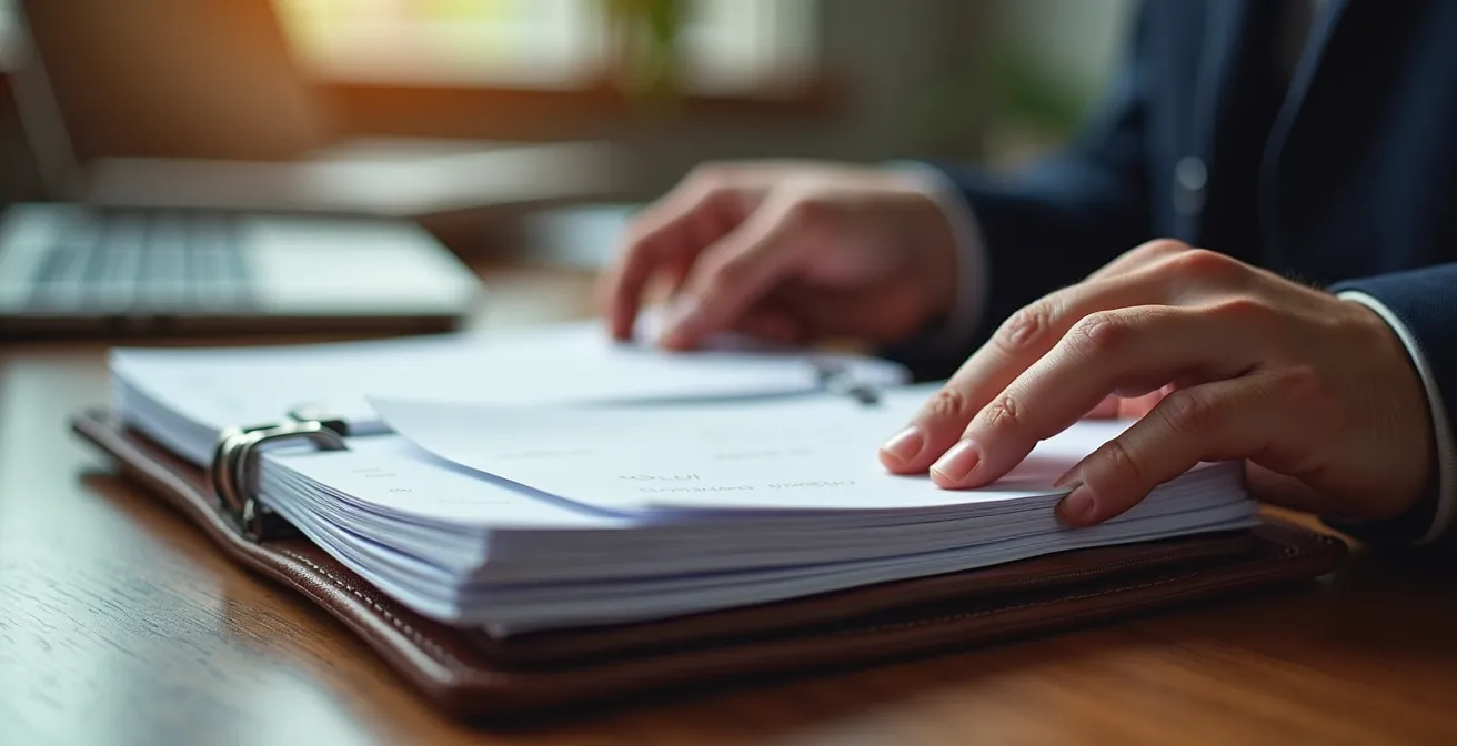 Gros plan sur des mains organisant méthodiquement des documents dans un classeur professionnel