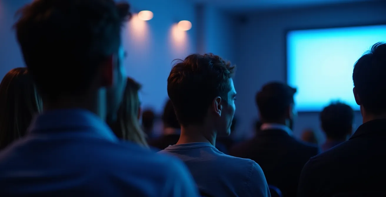 Salle plénière avec un éclairage d'ambiance subtil pendant une projection, montrant des visages concentrés.
