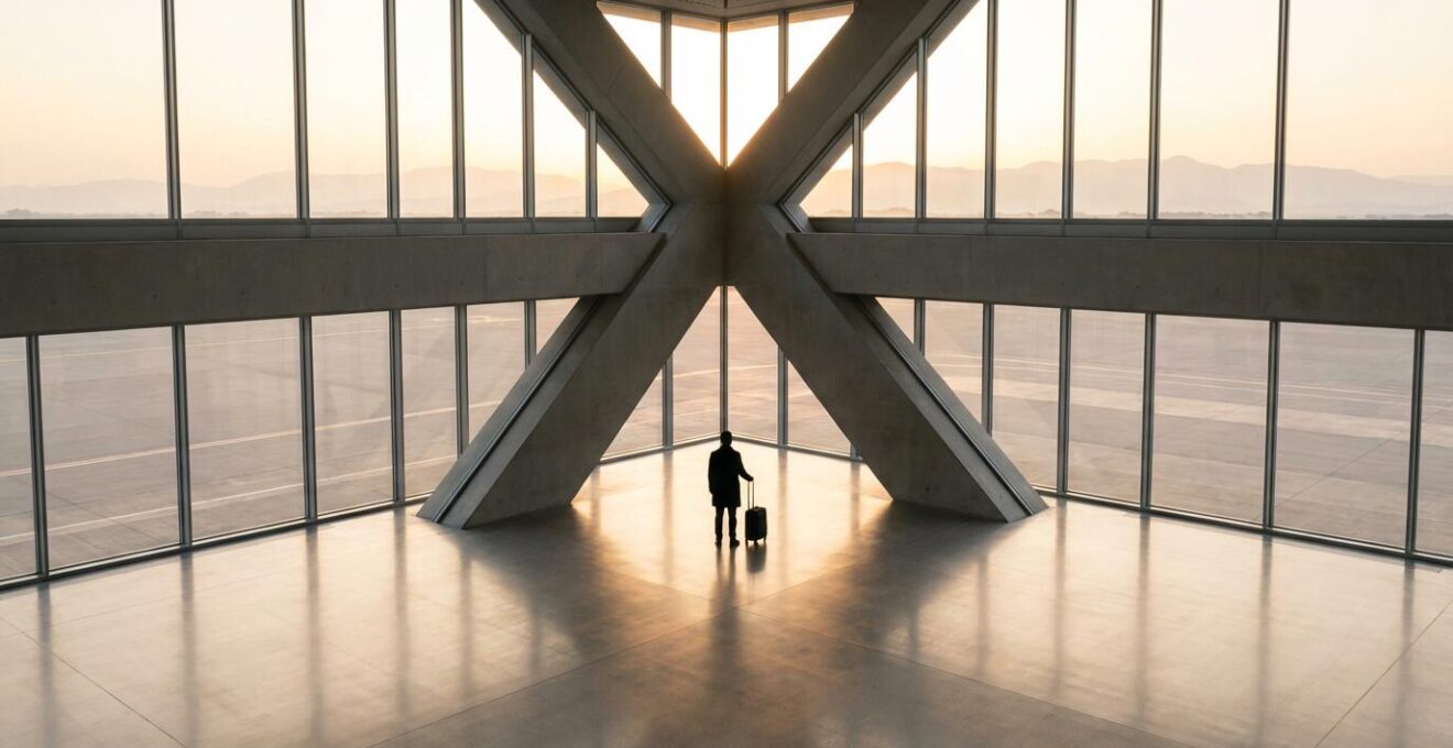 Vue aérienne minimaliste d'un voyageur d'affaires contemplant depuis une fenêtre d'aéroport moderne