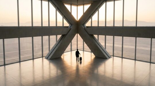 Vue aérienne minimaliste d'un voyageur d'affaires contemplant depuis une fenêtre d'aéroport moderne