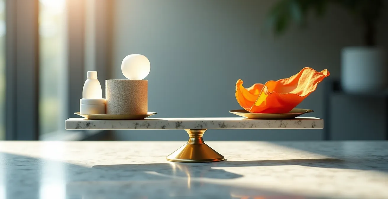 Balance symbolique illustrant l'équilibre entre économies et flexibilité dans les réservations hôtelières d'entreprise