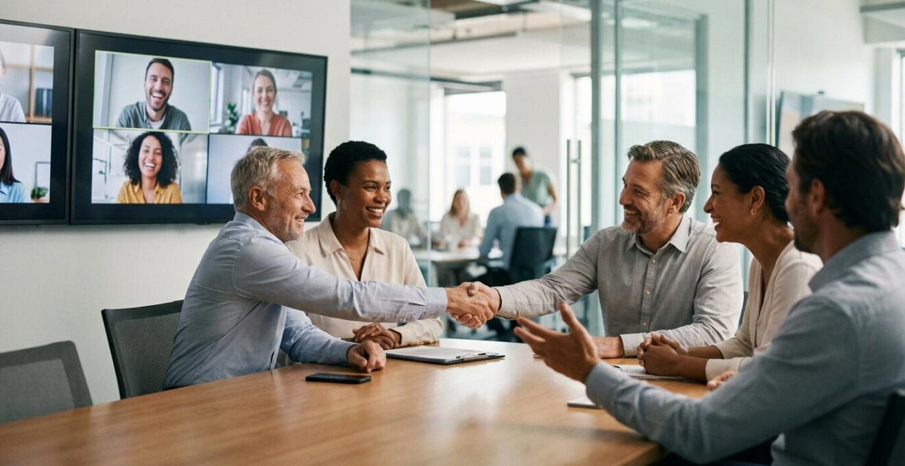 Équipes mixtes en réunion hybride avec participants présents et distants connectés