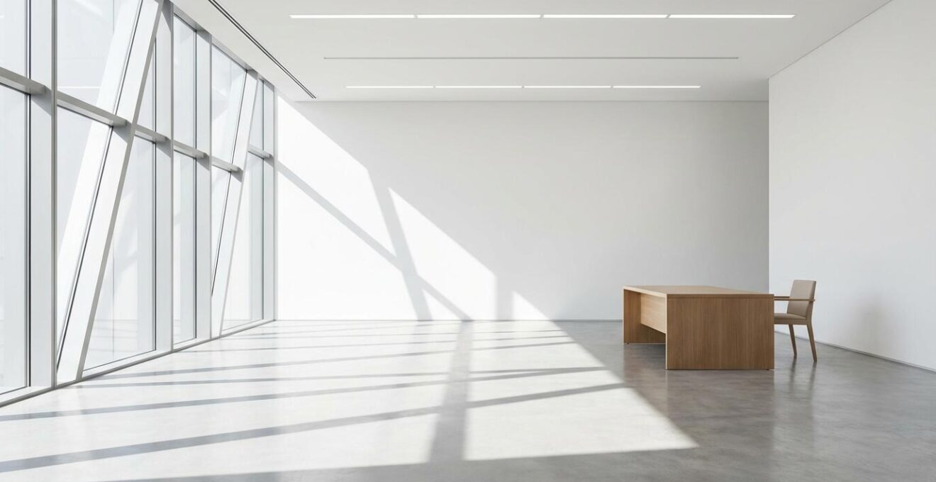 Vue large d'un espace de travail épuré avec bureau et chaise dans une perspective minimaliste