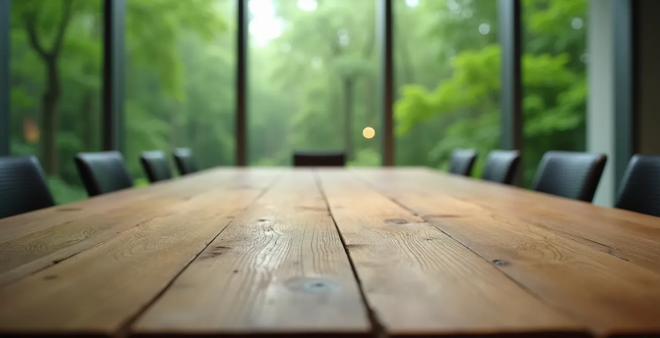 Espace de réunion vitré intégré dans un environnement naturel forestier