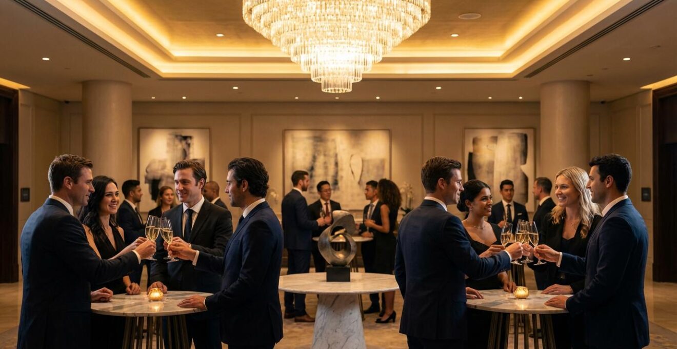 Événement de networking professionnel dans un cadre luxueux avec professionnels en discussion