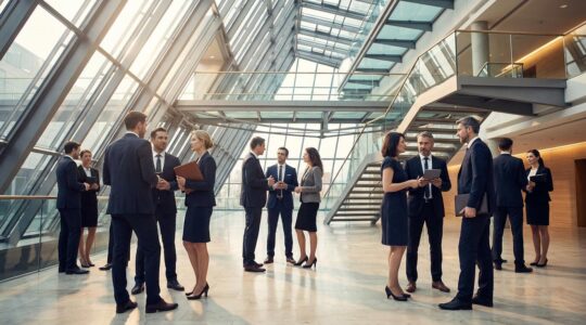 Scène de networking professionnel lors d'un événement d'affaires de haut niveau