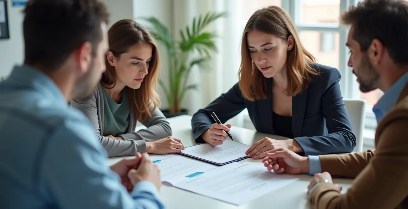 Réunion confidentielle entre responsable sécurité et famille d'expatriés dans un bureau moderne