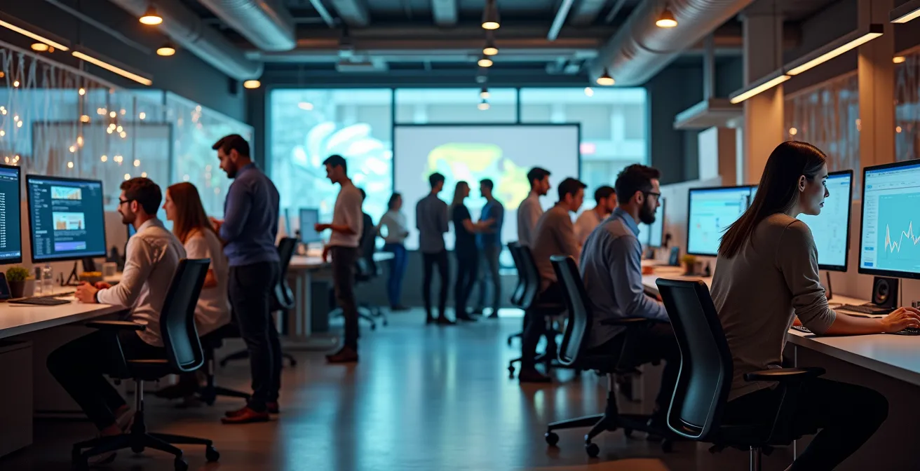 Espace de coworking moderne avec entrepreneurs travaillant sur des projets technologiques