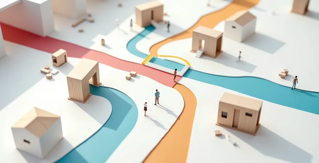 Plan architectural d'un espace événementiel montrant la circulation fluide des participants