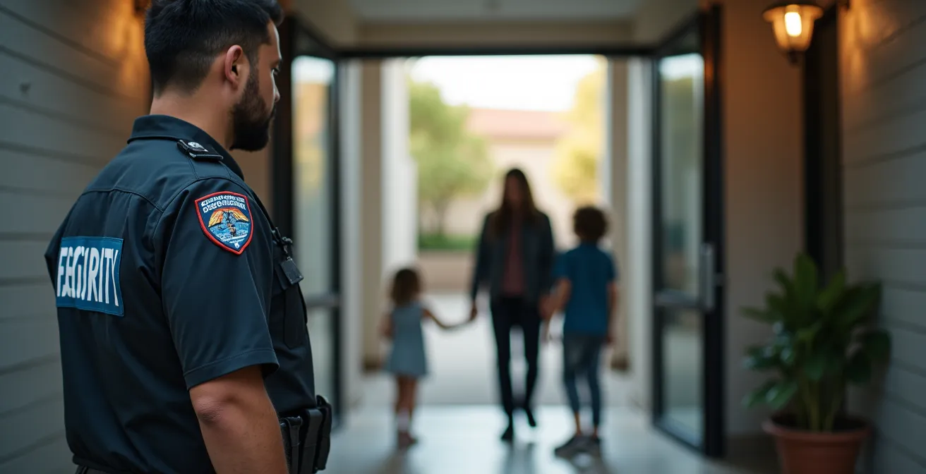 Portrait d'un gardien de sécurité professionnel en interaction avec un système de surveillance moderne