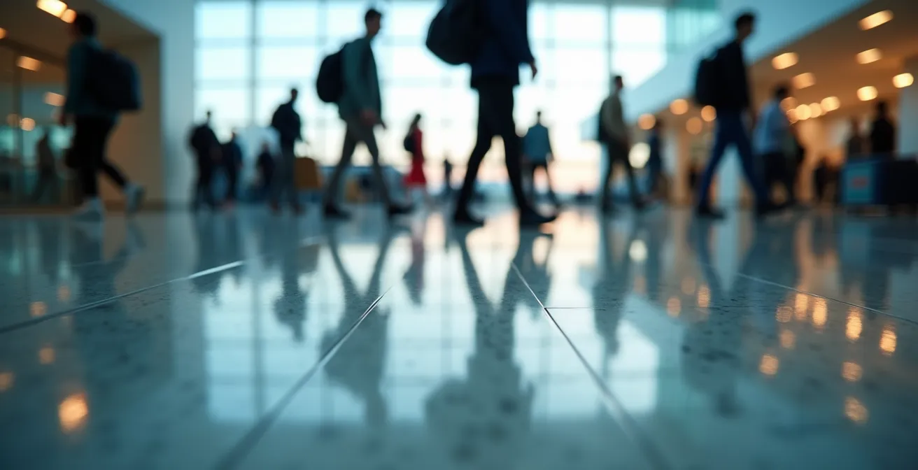 Hall d'aéroport international moderne avec flux de voyageurs d'affaires