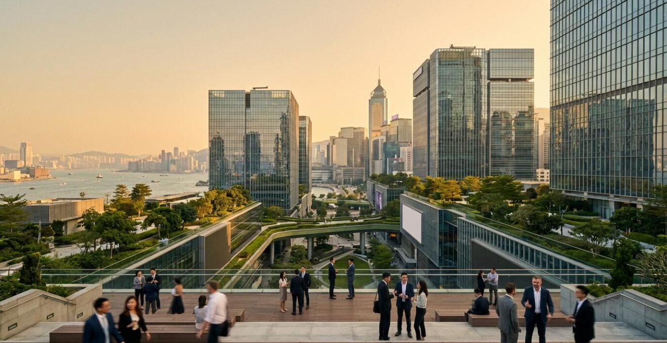 Vue panoramique d'un hub d'affaires asiatique avec architecture moderne et espaces de networking