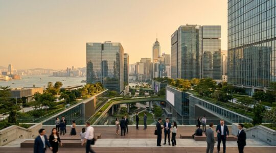 Vue panoramique d'un hub d'affaires asiatique avec architecture moderne et espaces de networking