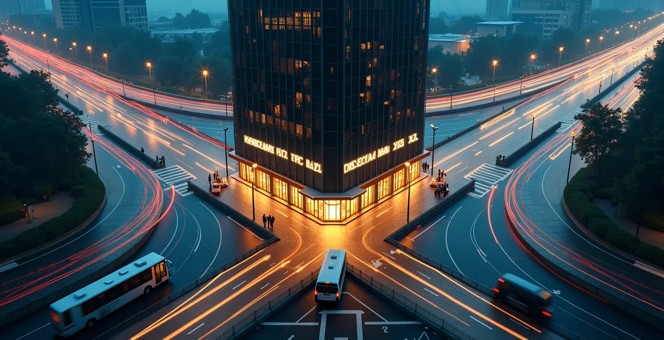 Vue aérienne d'un carrefour de transports avec métro, bus et taxis convergeant vers un centre d'affaires