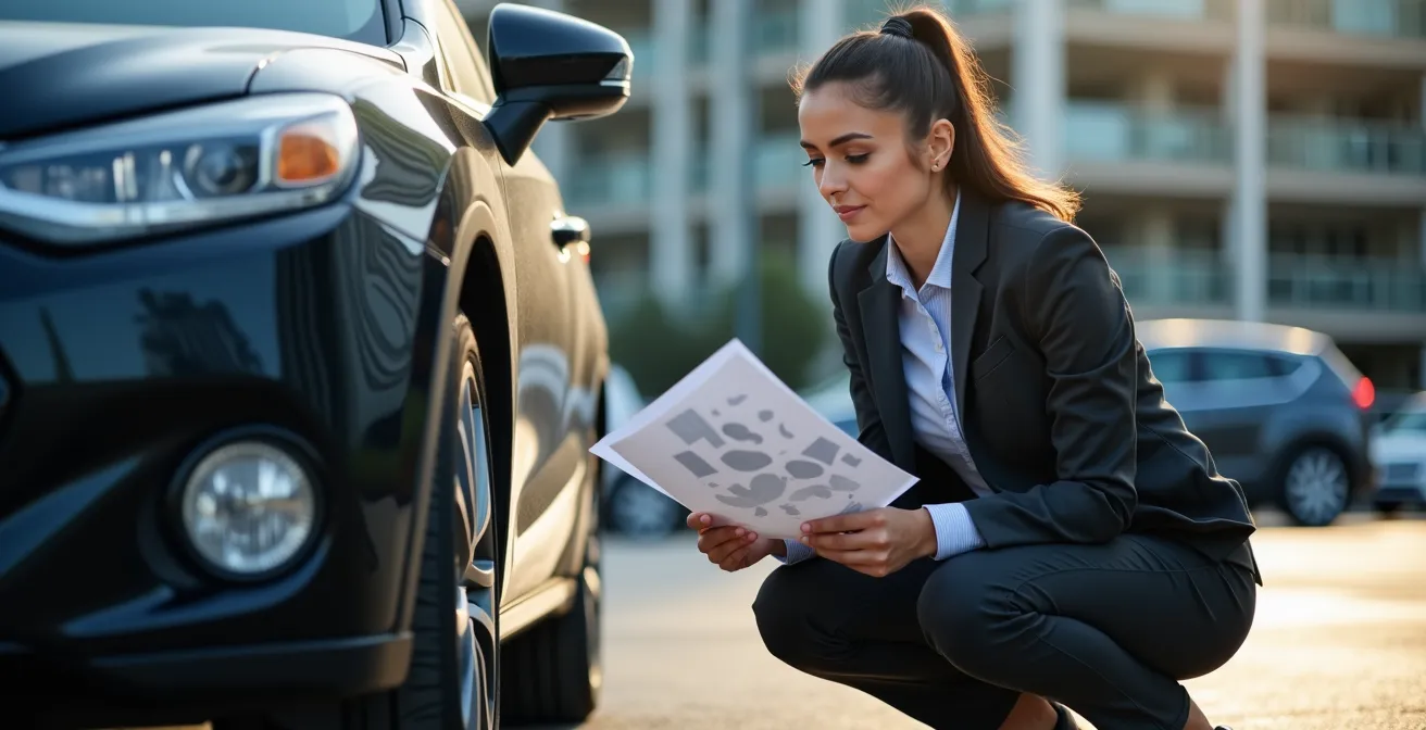 Professionnel inspectant minutieusement un véhicule de location avec documents